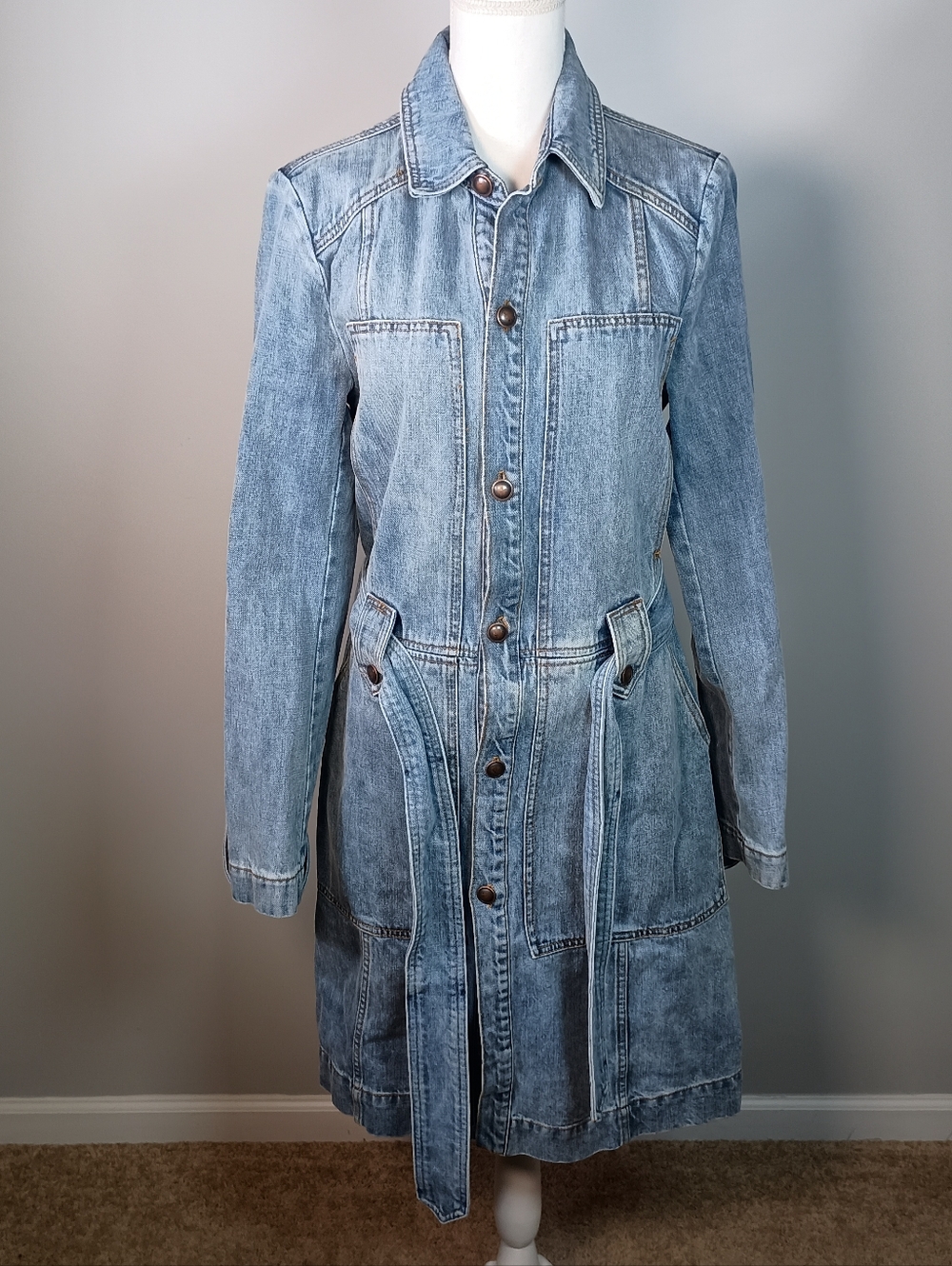 Free People Denim Midi Dress Belted Western Rugged Boho Long Sleeve Size M
